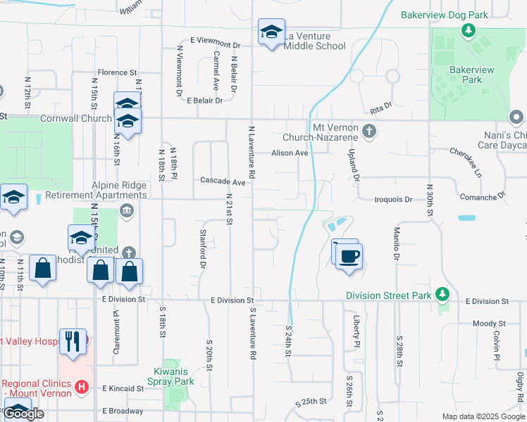 map of restaurants, bars, coffee shops, grocery stores, and more near 426 North Laventure Road in Mount Vernon