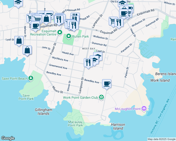 map of restaurants, bars, coffee shops, grocery stores, and more near 429 Lampson Street in Victoria