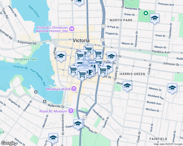map of restaurants, bars, coffee shops, grocery stores, and more near 754 Fort Street in Victoria