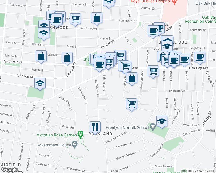 map of restaurants, bars, coffee shops, grocery stores, and more near 1027 Belmont Avenue in Victoria