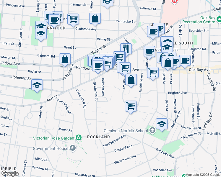 map of restaurants, bars, coffee shops, grocery stores, and more near 1033 Belmont Avenue in Victoria