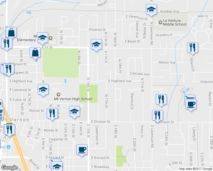 map of restaurants, bars, coffee shops, grocery stores, and more near 430 North 17th Street in Mount Vernon