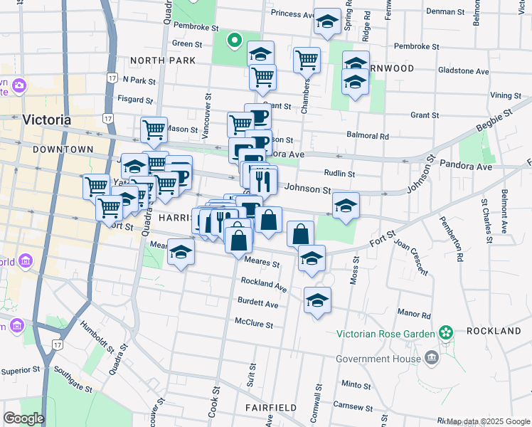 map of restaurants, bars, coffee shops, grocery stores, and more near 101-1139 Yates Street in Victoria