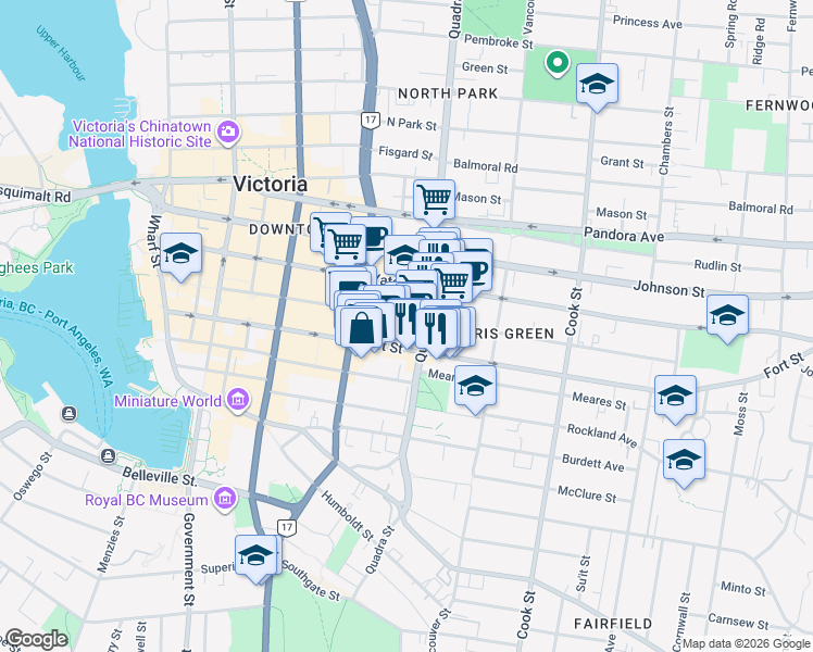 map of restaurants, bars, coffee shops, grocery stores, and more near 865 View Street in Victoria