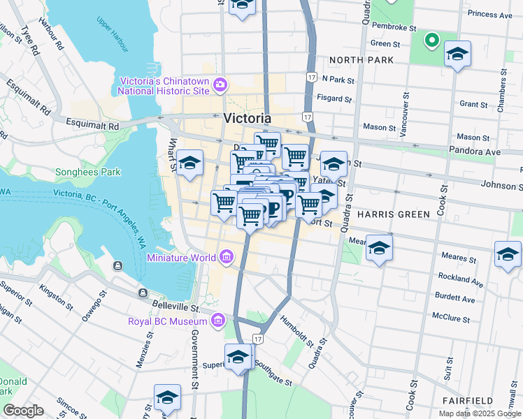 map of restaurants, bars, coffee shops, grocery stores, and more near 710 Fort Street in Victoria