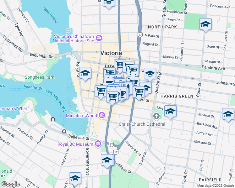 map of restaurants, bars, coffee shops, grocery stores, and more near 710 Fort Street in Victoria