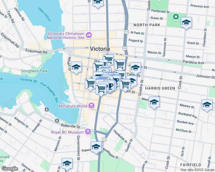 map of restaurants, bars, coffee shops, grocery stores, and more near in Victoria