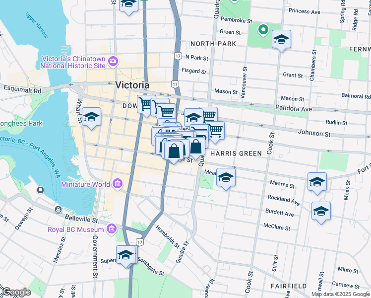 map of restaurants, bars, coffee shops, grocery stores, and more near in Victoria