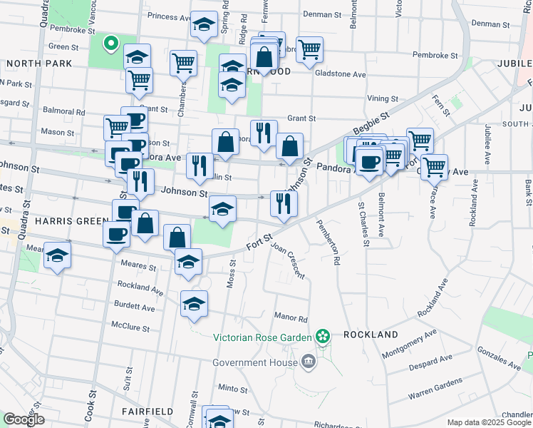 map of restaurants, bars, coffee shops, grocery stores, and more near 1300 Yates Street in Victoria