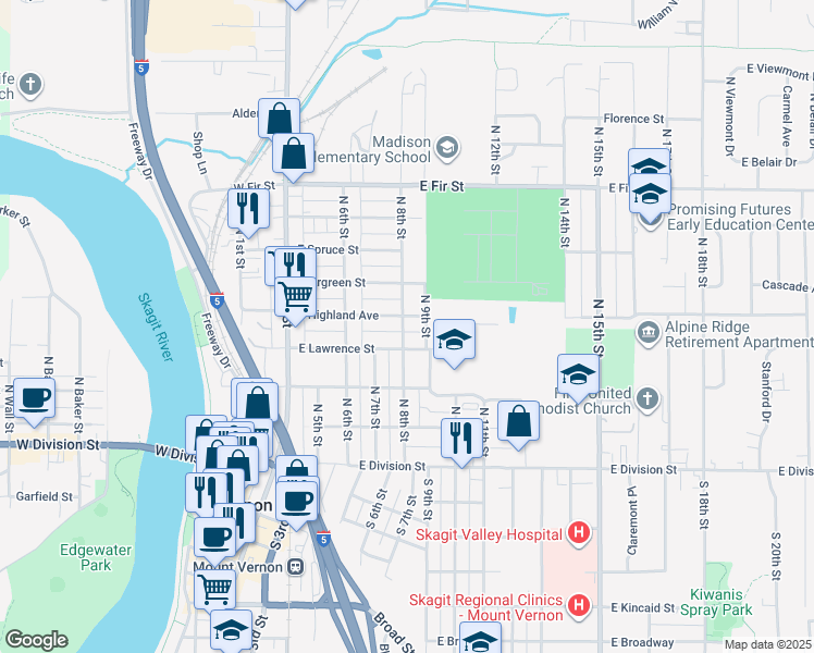 map of restaurants, bars, coffee shops, grocery stores, and more near 502 East Highland Avenue in Mount Vernon