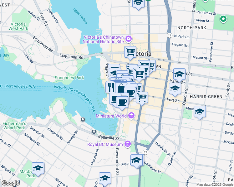 map of restaurants, bars, coffee shops, grocery stores, and more near in Victoria
