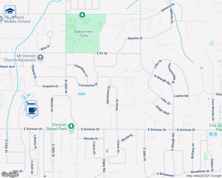 map of restaurants, bars, coffee shops, grocery stores, and more near 510 Shoshone Drive in Mount Vernon
