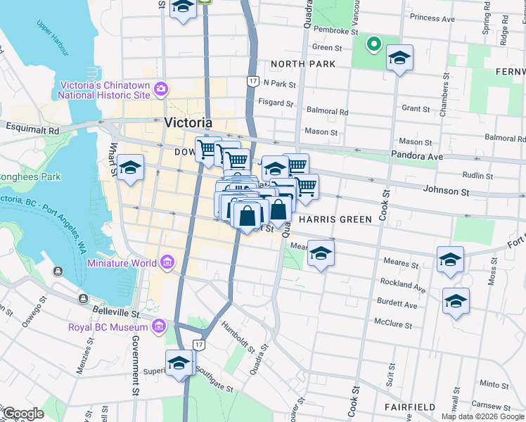 map of restaurants, bars, coffee shops, grocery stores, and more near in Victoria