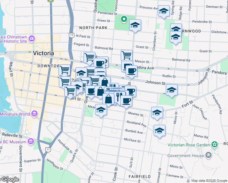 map of restaurants, bars, coffee shops, grocery stores, and more near 1020 View Street in Victoria