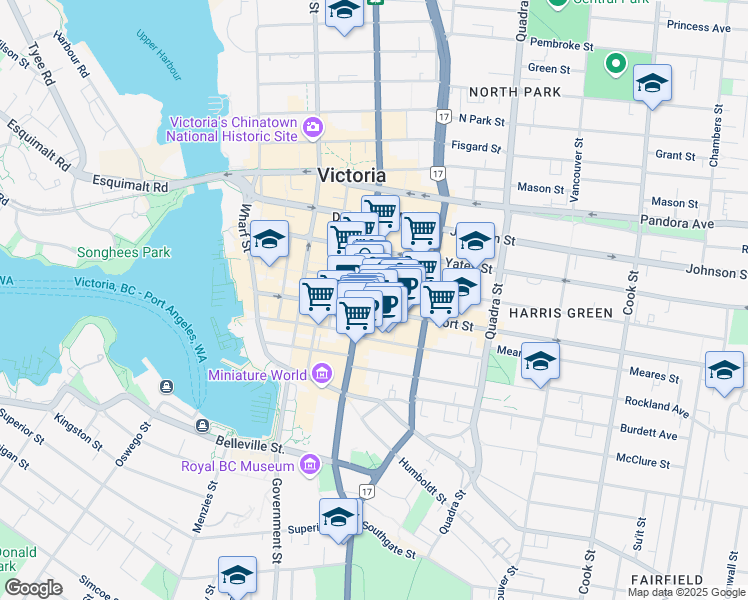 map of restaurants, bars, coffee shops, grocery stores, and more near in Victoria