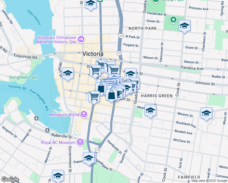 map of restaurants, bars, coffee shops, grocery stores, and more near in Victoria
