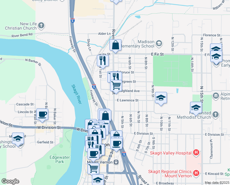 map of restaurants, bars, coffee shops, grocery stores, and more near 409 North 4th Street in Mount Vernon