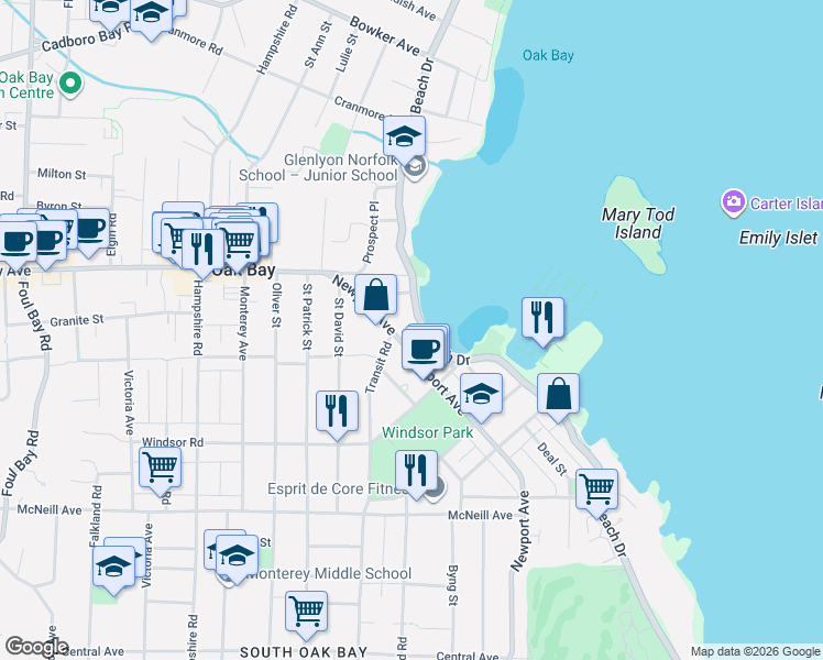 map of restaurants, bars, coffee shops, grocery stores, and more near in Victoria