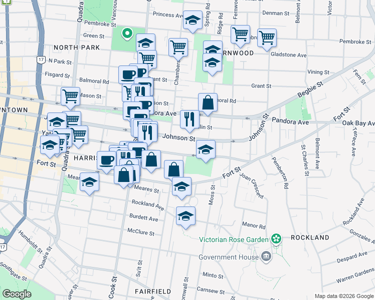 map of restaurants, bars, coffee shops, grocery stores, and more near 1204 Yates Street in Victoria