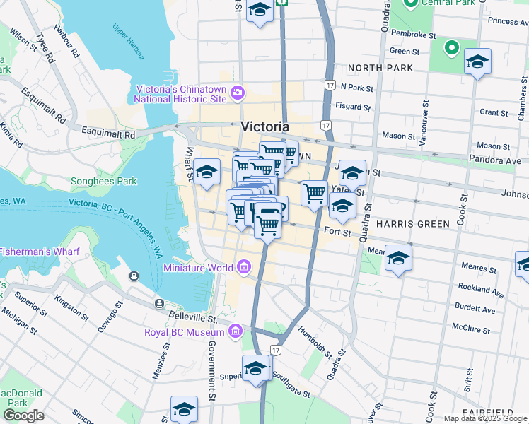 map of restaurants, bars, coffee shops, grocery stores, and more near 1150 Douglas Street in Victoria