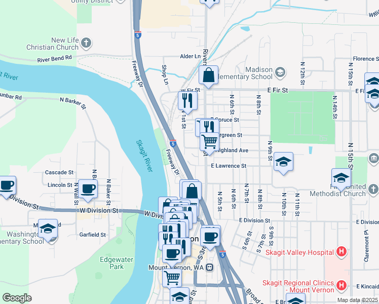 map of restaurants, bars, coffee shops, grocery stores, and more near 428 North 1st Street in Mount Vernon