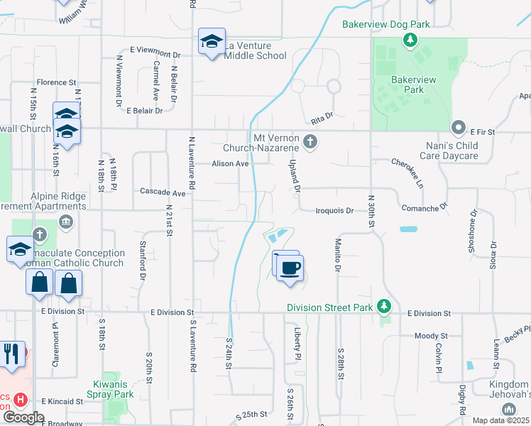 map of restaurants, bars, coffee shops, grocery stores, and more near 2522 Stonebridge Way in Mount Vernon