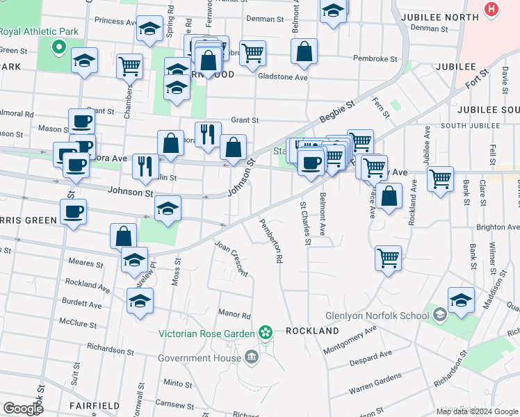 map of restaurants, bars, coffee shops, grocery stores, and more near 1050 Pemberton Road in Victoria