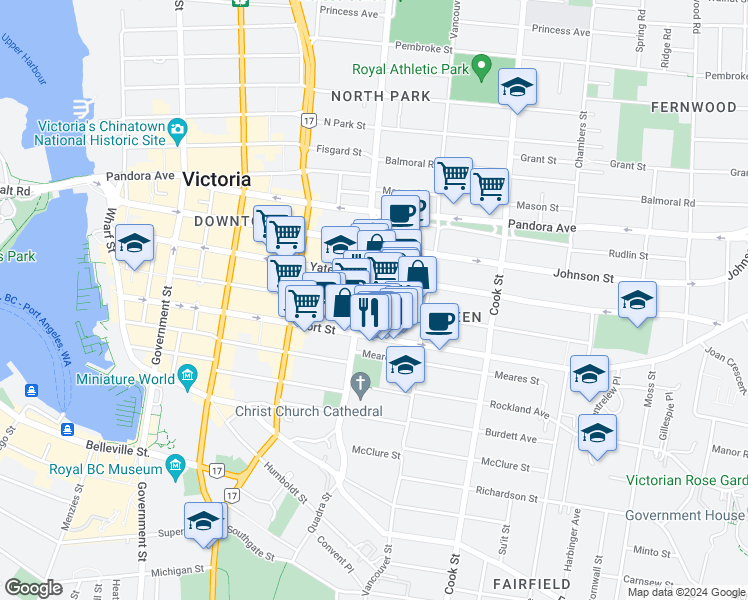 map of restaurants, bars, coffee shops, grocery stores, and more near 931 Fort Street in Victoria