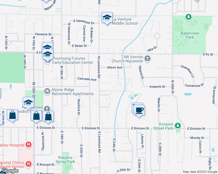 map of restaurants, bars, coffee shops, grocery stores, and more near 422 North Laventure Road in Mount Vernon