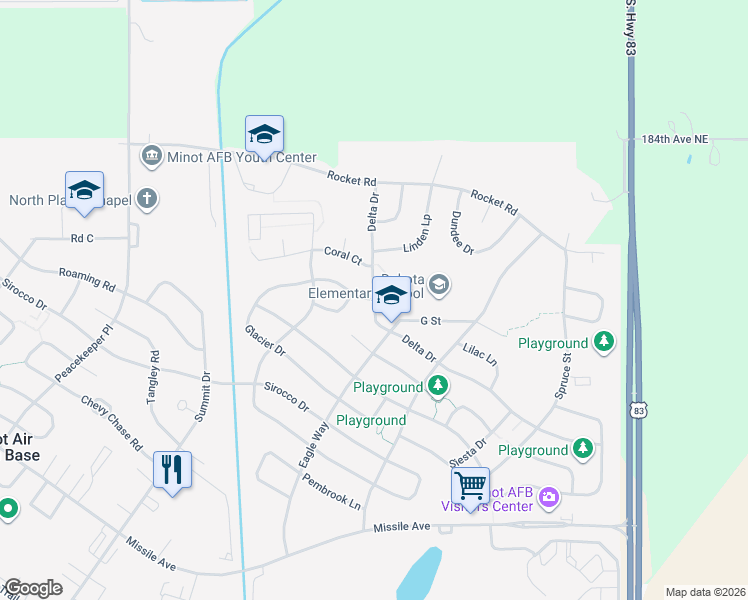 map of restaurants, bars, coffee shops, grocery stores, and more near 160 Delta Drive in Minot Air Force Base