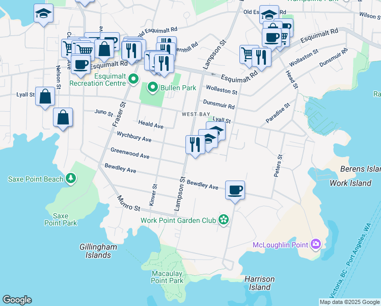 map of restaurants, bars, coffee shops, grocery stores, and more near 429 Lampson Street in Victoria