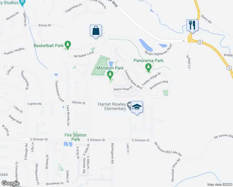 map of restaurants, bars, coffee shops, grocery stores, and more near 576 Monarch Boulevard in Mount Vernon