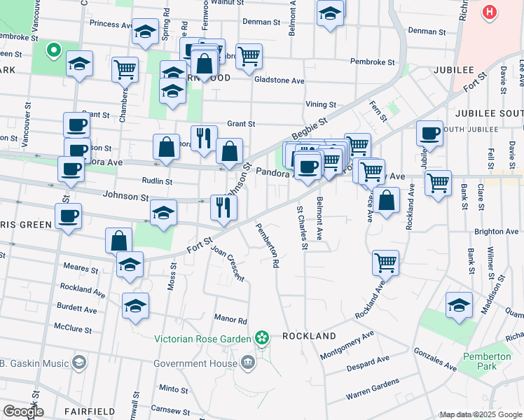 map of restaurants, bars, coffee shops, grocery stores, and more near 1410 Elford Street in Victoria