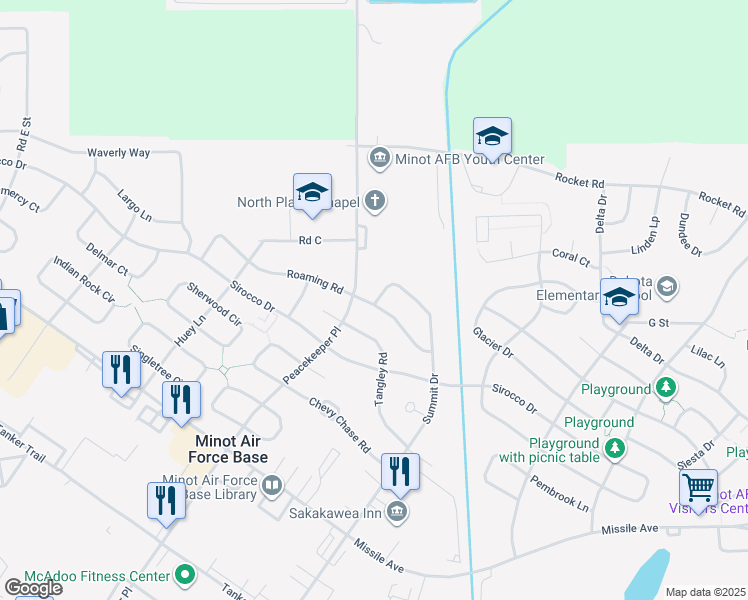 map of restaurants, bars, coffee shops, grocery stores, and more near in Minot