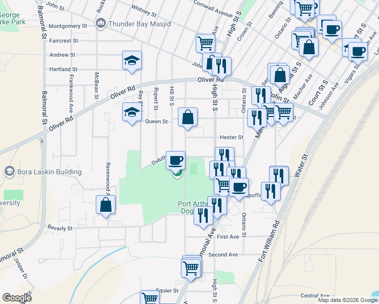 map of restaurants, bars, coffee shops, grocery stores, and more near 375 Winnipeg Avenue in Thunder Bay