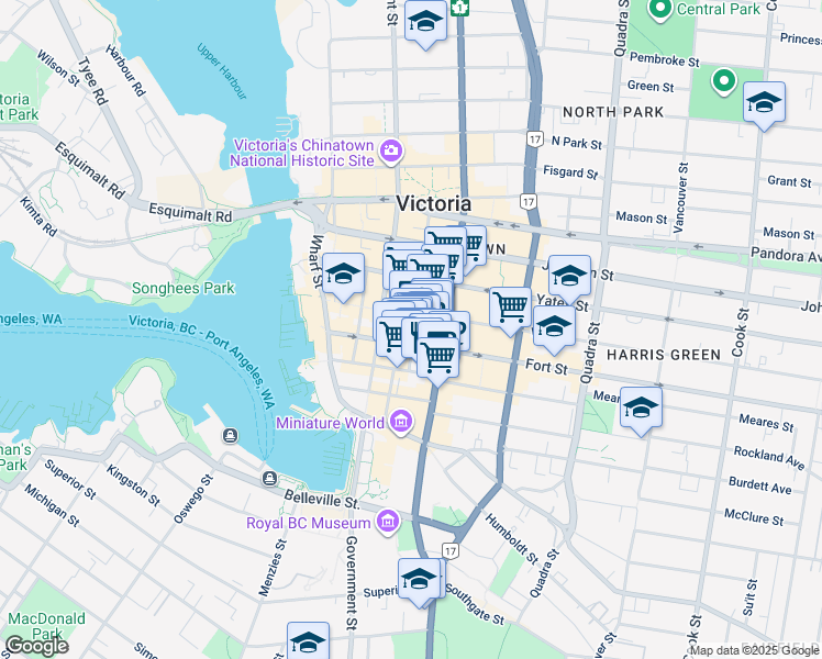 map of restaurants, bars, coffee shops, grocery stores, and more near 1150 Douglas Street in Victoria