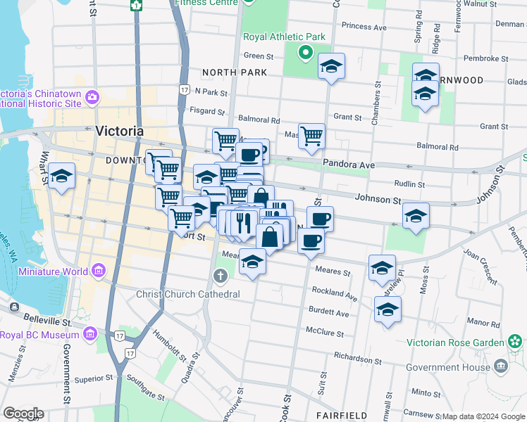 map of restaurants, bars, coffee shops, grocery stores, and more near 1010 Fort Street in Victoria