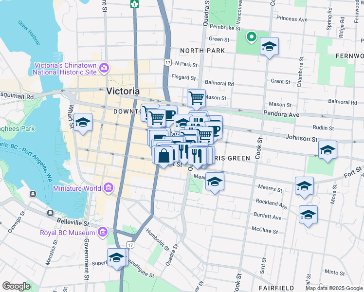 map of restaurants, bars, coffee shops, grocery stores, and more near 860 View Street in Victoria