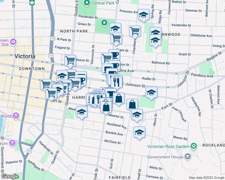 map of restaurants, bars, coffee shops, grocery stores, and more near 1100 Yates Street in Victoria