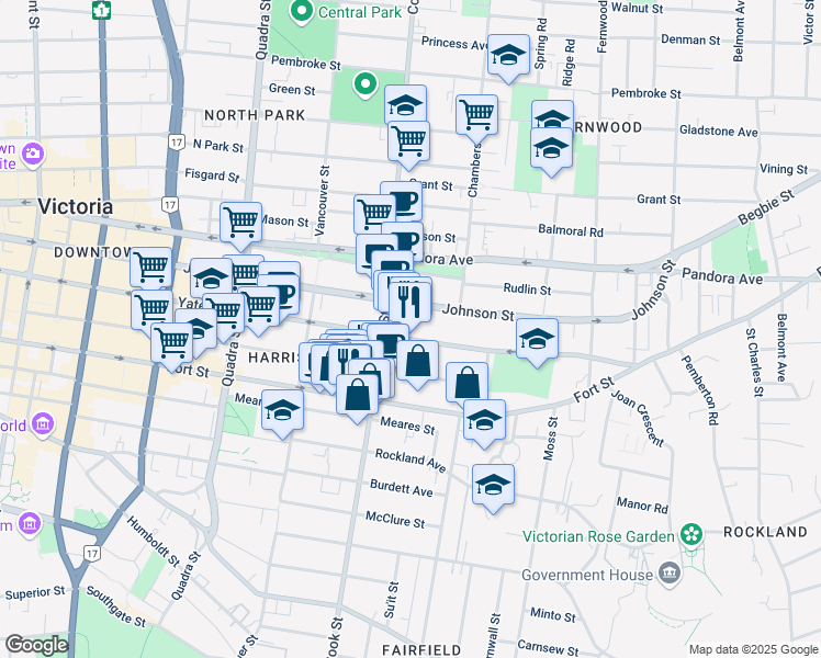 map of restaurants, bars, coffee shops, grocery stores, and more near 101-1139 Yates Street in Victoria