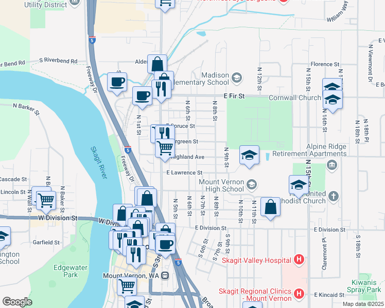 map of restaurants, bars, coffee shops, grocery stores, and more near 502 North 6th Street in Mount Vernon