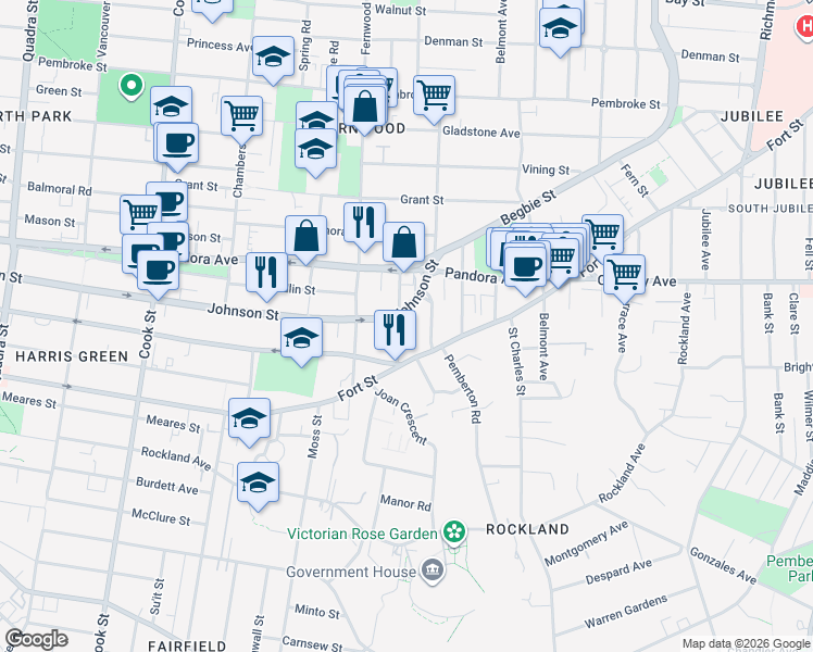 map of restaurants, bars, coffee shops, grocery stores, and more near 1343 Harrison Street in Victoria