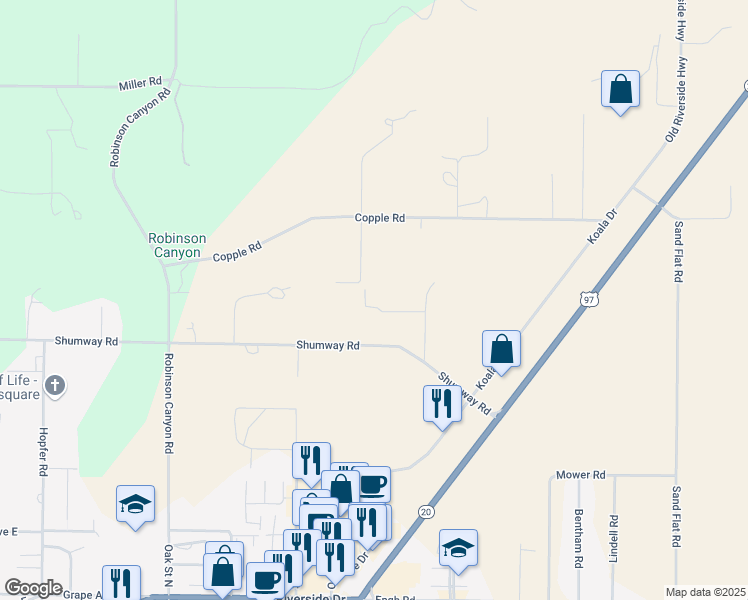 map of restaurants, bars, coffee shops, grocery stores, and more near 54 Copple Road in Omak