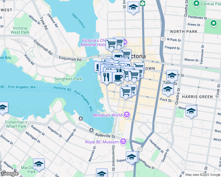 map of restaurants, bars, coffee shops, grocery stores, and more near in Victoria