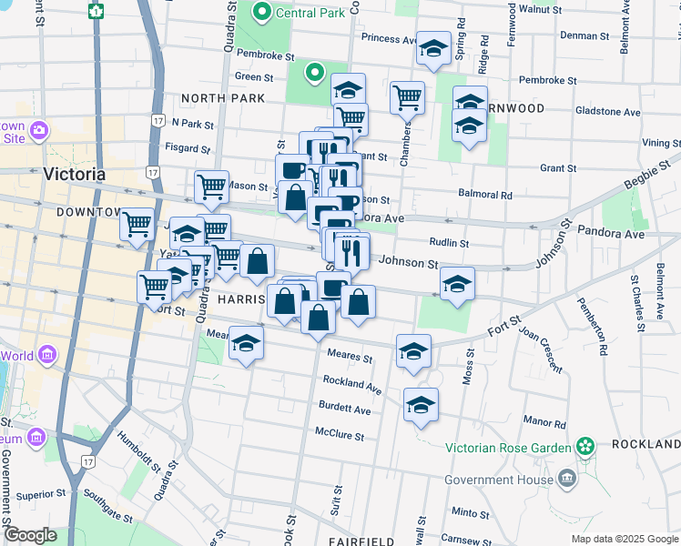 map of restaurants, bars, coffee shops, grocery stores, and more near 1100 Yates Street in Victoria