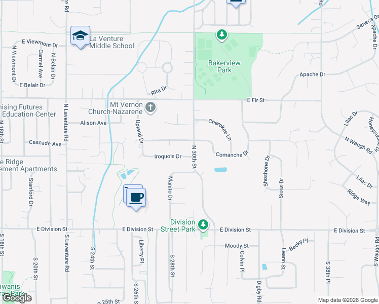 map of restaurants, bars, coffee shops, grocery stores, and more near 2920 Comanche Drive in Mount Vernon