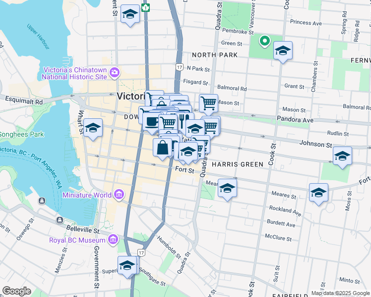 map of restaurants, bars, coffee shops, grocery stores, and more near 820 Yates Street in Victoria