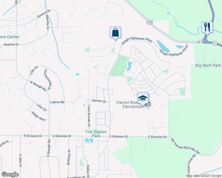 map of restaurants, bars, coffee shops, grocery stores, and more near 600 Skagit Highlands Parkway in Mount Vernon