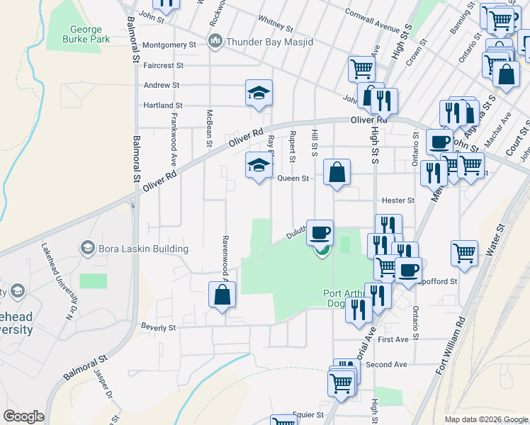 map of restaurants, bars, coffee shops, grocery stores, and more near 412 Ray Boulevard in Thunder Bay