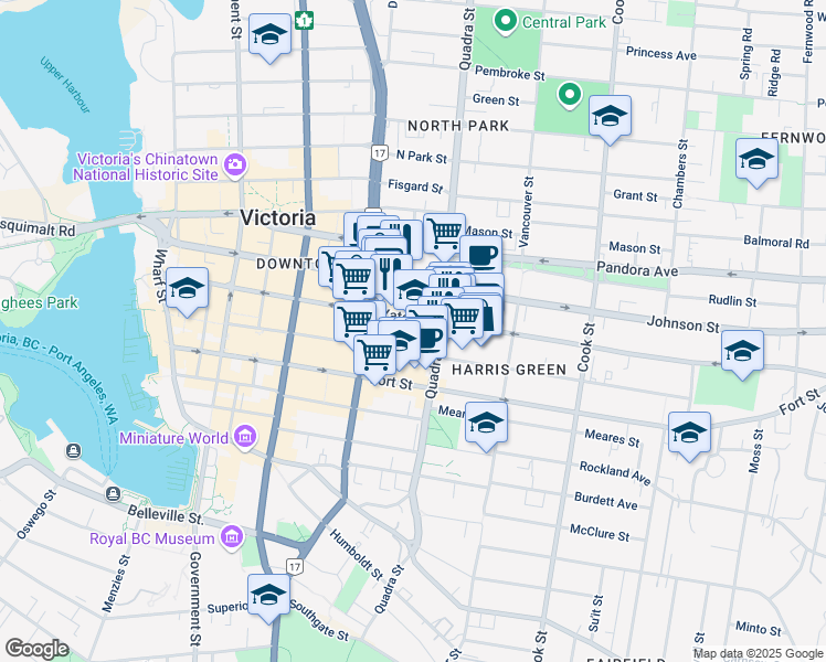 map of restaurants, bars, coffee shops, grocery stores, and more near 858 Yates Street in Victoria